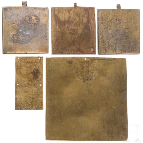 Five partially enamelled Russian bronze icons, 19th century