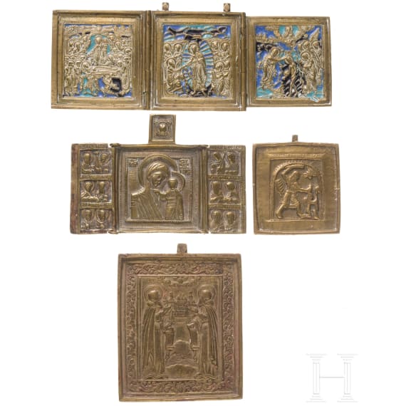 Two Russian bronze triptychs and two brass icons, 18th/19th century