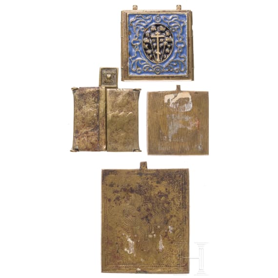 Two Russian bronze triptychs and two brass icons, 18th/19th century