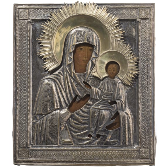 A Russian icon showing the Smolenskaya Mother of God with oklad, 19th century