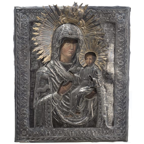 A Russian icon showing the Smolenskaya Mother of God with silver oklad, late 19th century (icon), Kostroma, 1898 (oklad)