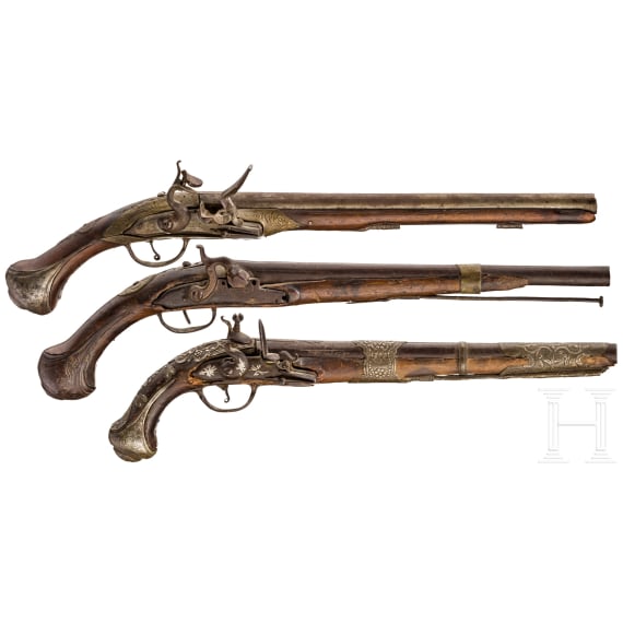 Two flintlock pistols and one percussion pistol, Balkan Turkish, 19th century.