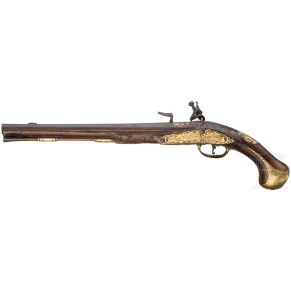 A long German flintlock pistol by Christoph Joseph Frey in Munich, circa 1730