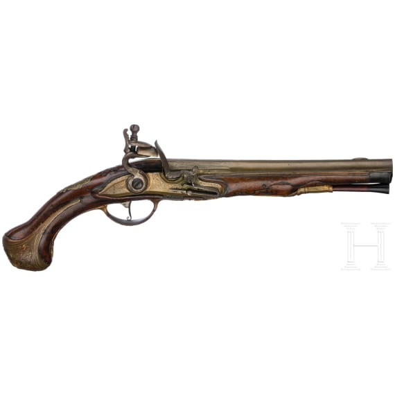 A Belgian flintlock pistol with brass barrel, Thiermay in Li&egrave;ge, circa 1740