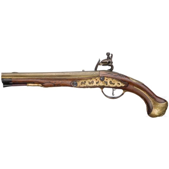 A Belgian flintlock pistol with brass barrel, Thiermay in Li&egrave;ge, circa 1740