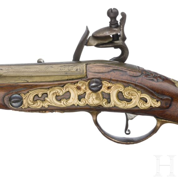 A Belgian flintlock pistol with brass barrel, Thiermay in Li&egrave;ge, circa 1740