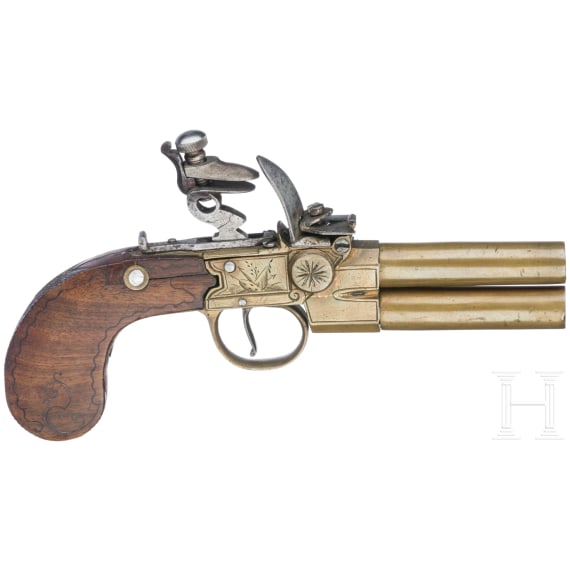 A double-barreled boxlock pistol, probably Belgian, circa 1800