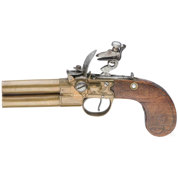 A double-barreled boxlock pistol, probably Belgian, circa 1800
