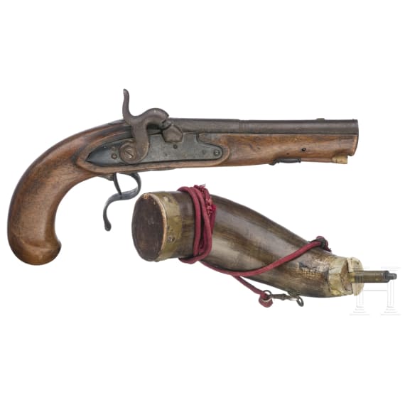 A percussion pistol and a powder flask, circa 1800