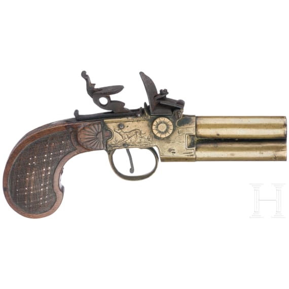 A Belgian double-barrelled boxlock pistol, Liege, circa 1800