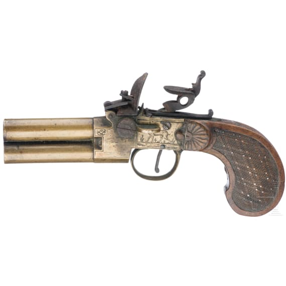 A Belgian double-barrelled boxlock pistol, Liege, circa 1800