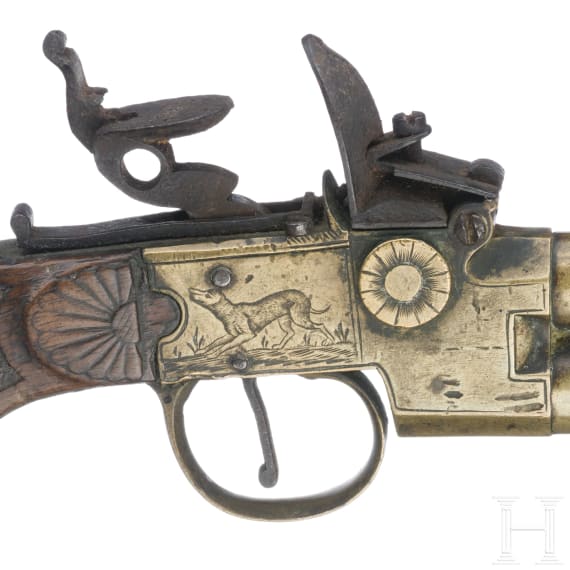 A Belgian double-barrelled boxlock pistol, Liege, circa 1800