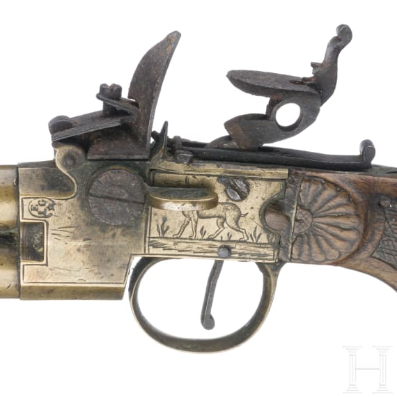 A Belgian double-barrelled boxlock pistol, Liege, circa 1800