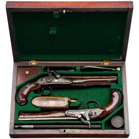 A cased pair of English percussion pistols, circa 1810