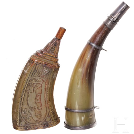 Two German powder flasks, 18th century