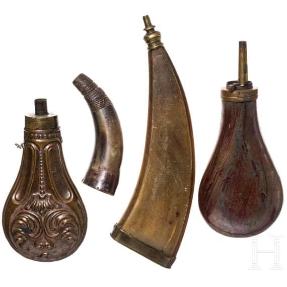 Four powder flasks, 19th century