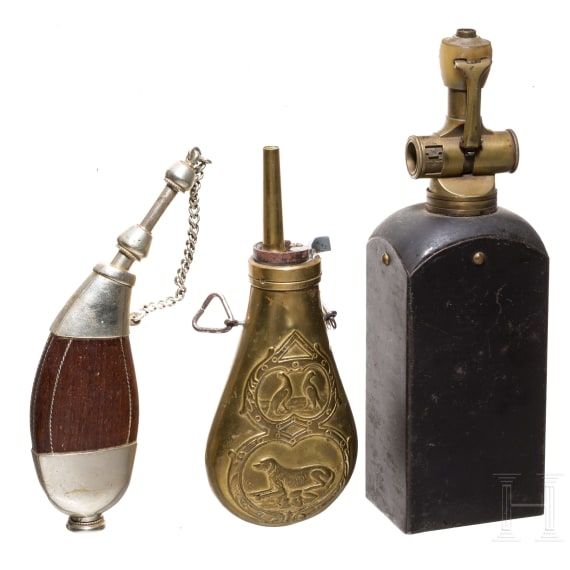Three French powder flasks, 19th and 20th century