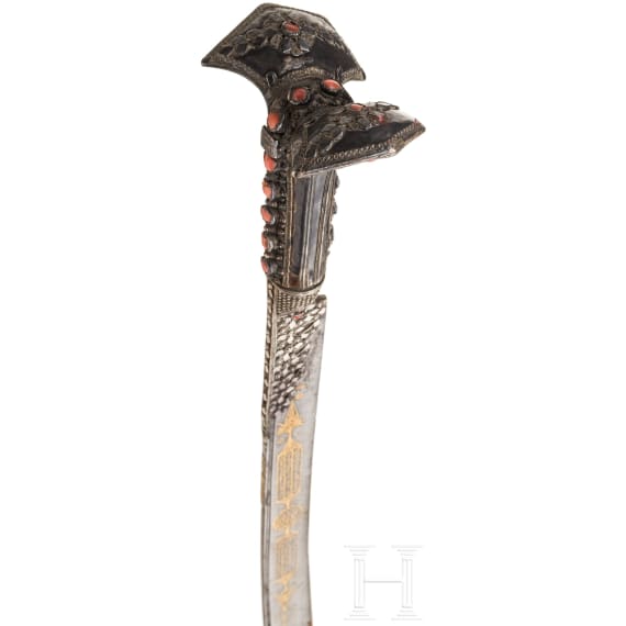A large silver-mounted Greek yatagan set with corals, circa 1820
