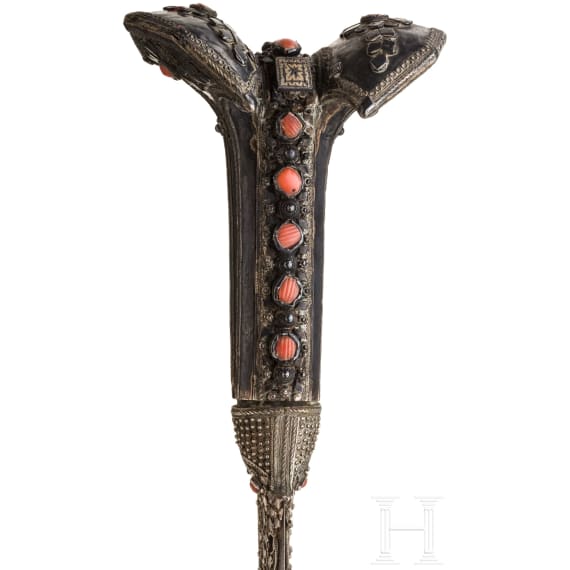 A large silver-mounted Greek yatagan set with corals, circa 1820