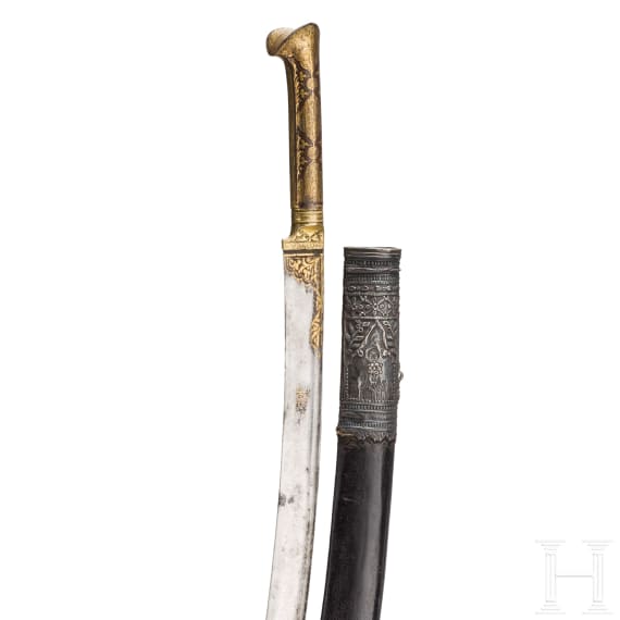 An Ottoman silver mounted and gold inlaid yatagan, dated 1805
