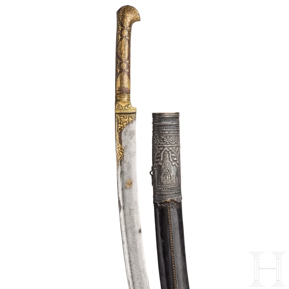 An Ottoman silver mounted and gold inlaid yatagan, dated 1805