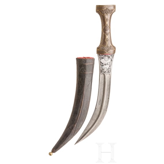A Persian khanjar with gold-inlaid iron handle, circa 1830