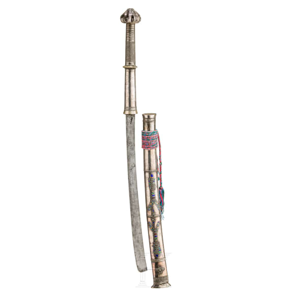 A Burmese silver-mounted and enamelled dha, 19th century