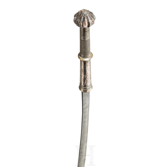 A Burmese silver-mounted and enamelled dha, 19th century