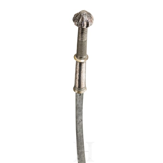 A Burmese silver-mounted and enamelled dha, 19th century