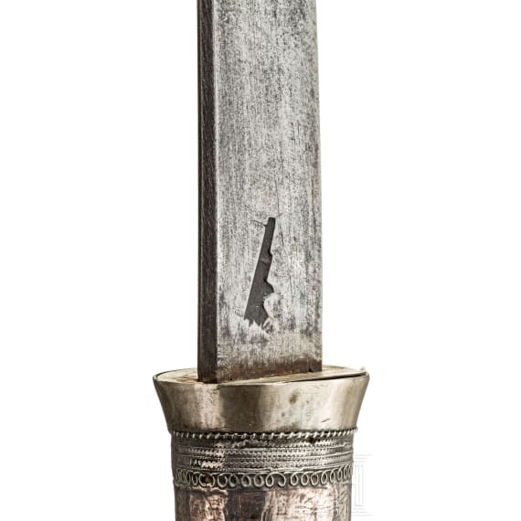 A Burmese silver-mounted and enamelled dha, 19th century