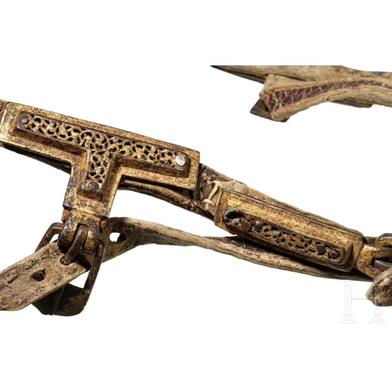 A chiselled Tibetan snaffle with silver and gold inlays, 18th century