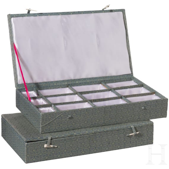Three Korean silk-lined storage boxes for archer&rsquo;s rings, 20th century