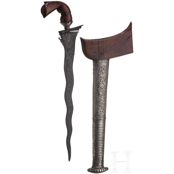 An Indonesian Sulawesi keris with embossed silver scabbard, 20th century