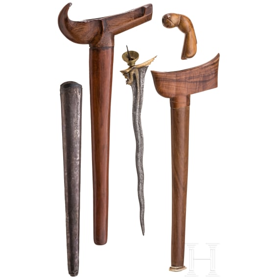 An Indonesian Sulawesi Keris Naga and two scabbards, 20th century