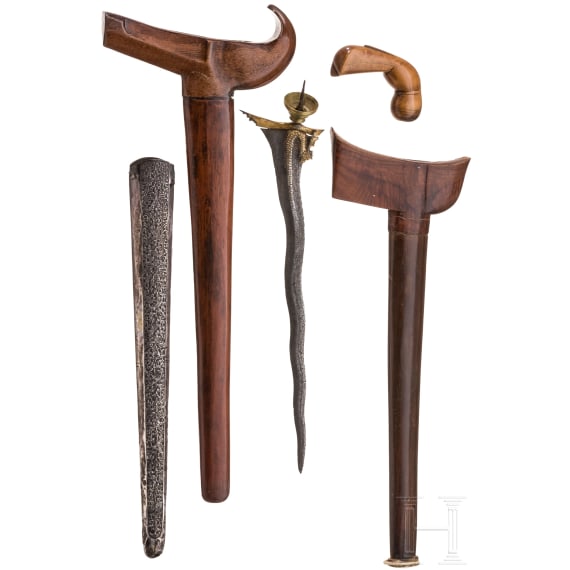 An Indonesian Sulawesi Keris Naga and two scabbards, 20th century