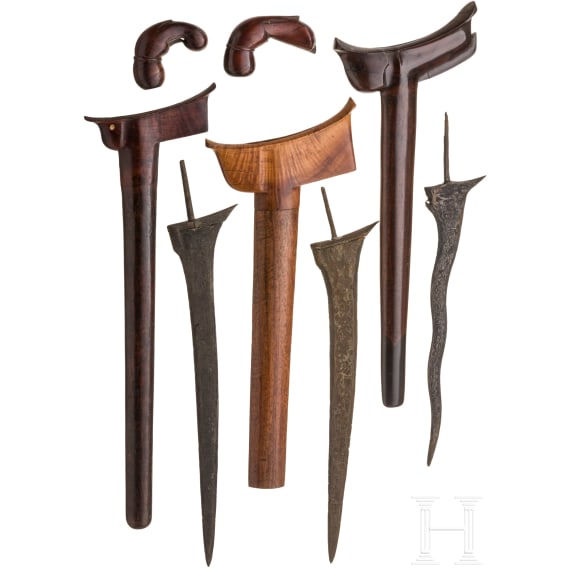 Three Indonesian kris blades and two handles, Sumatra-Palembang and Bali-Tengah, probably 20th century