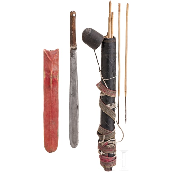 An Indonesian quiver with arrows and a Kenyian slashing sword of the Massai, 20th century