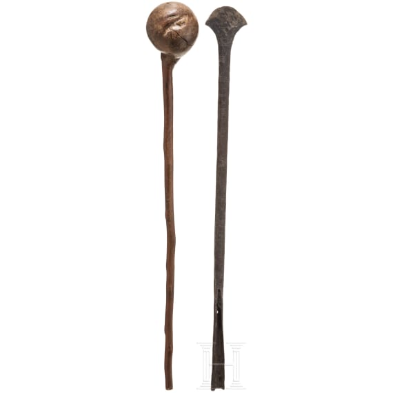 A South African wooden club (knobkerrie) and spear blade, circa 1900
