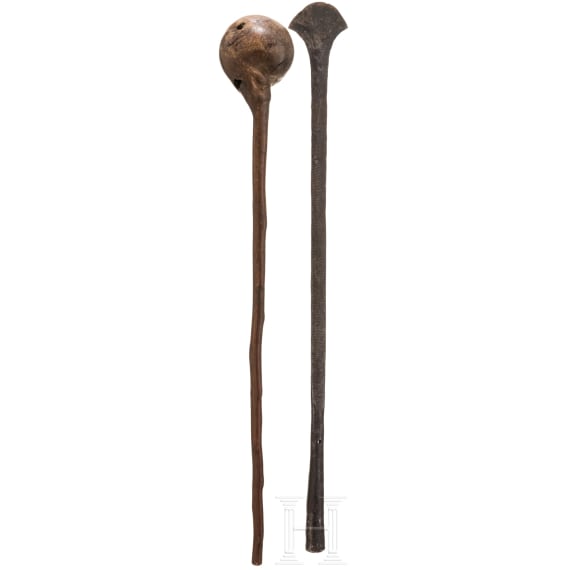 A South African wooden club (knobkerrie) and spear blade, circa 1900