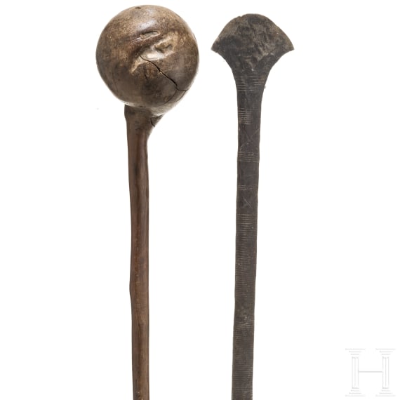 A South African wooden club (knobkerrie) and spear blade, circa 1900