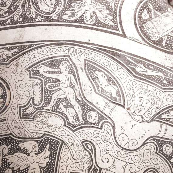 A heavy etched round shield, collector's replica in the style of the 16th century