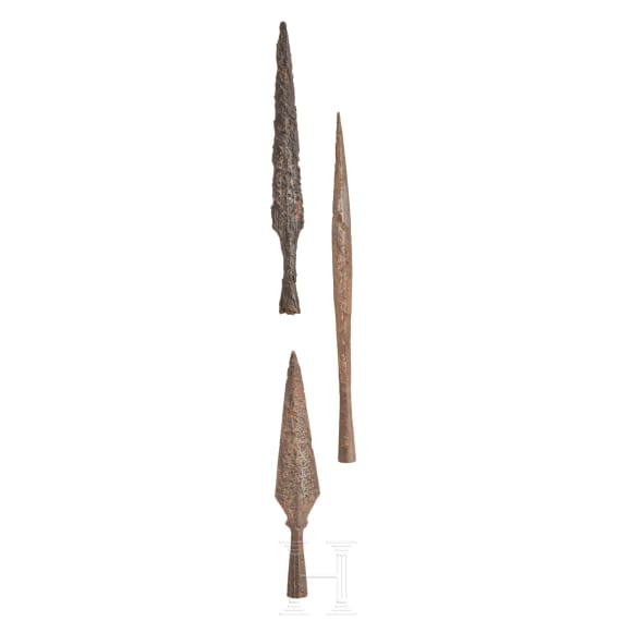 Three central European medieval iron speartips, 9th - 15th century
