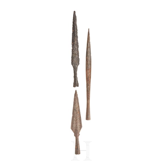 Three central European medieval iron speartips, 9th - 15th century