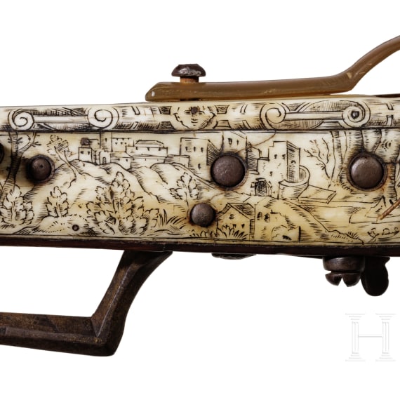 A South German or South Eastern European noble Renaissance crossbow, entirely inlaid in bone, circa 1580