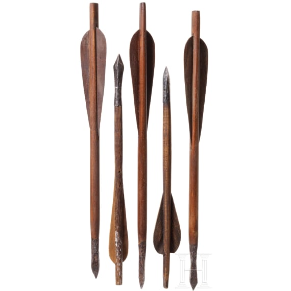 Five German crossbow bolts, 14th/15th century and later