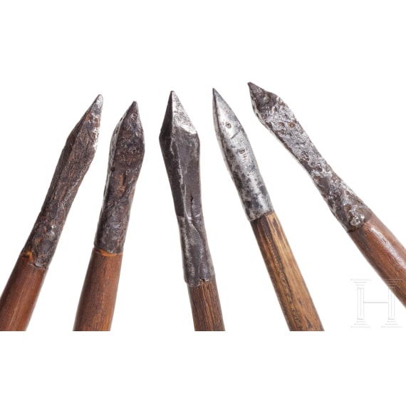 Five German crossbow bolts, 14th/15th century and later