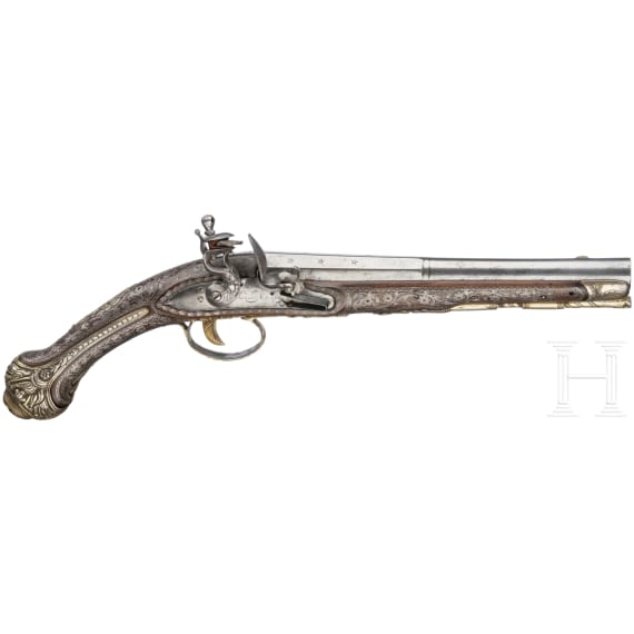 Silbermontierte Steinschlosspistole, franz&ouml;sische Fertigung f&uuml;r den nordafrikanischen Markt, um 1800