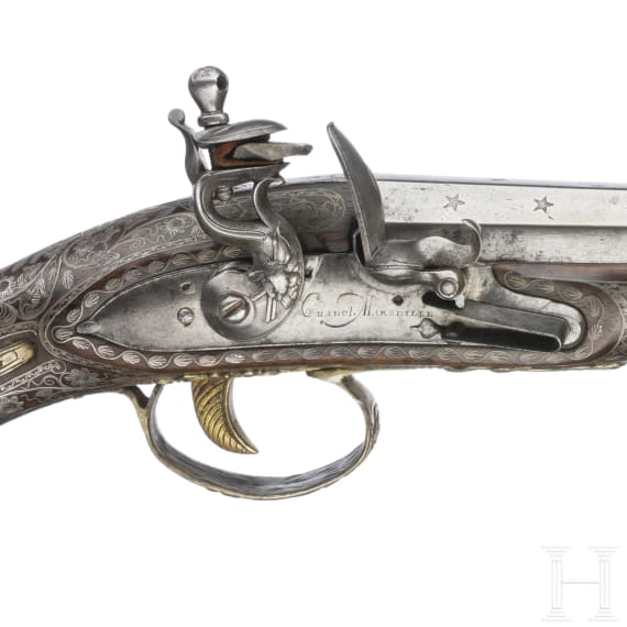 Silbermontierte Steinschlosspistole, franz&ouml;sische Fertigung f&uuml;r den nordafrikanischen Markt, um 1800