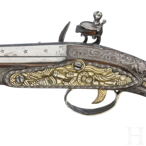 Silbermontierte Steinschlosspistole, franz&ouml;sische Fertigung f&uuml;r den nordafrikanischen Markt, um 1800