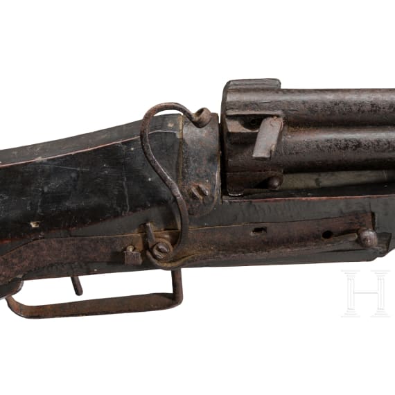 Bedeutender milit&auml;rischer Schwammschloss-Karabiner mit vier Wendel&auml;ufen, deutsch, um 1520/30